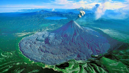 Karymsky Volcano,  Kamchatka Peninsula - volcano, beautiful, snowy peaks, Russia, forest, symmetrical cone, lava flows, fumarole, lake, mountains