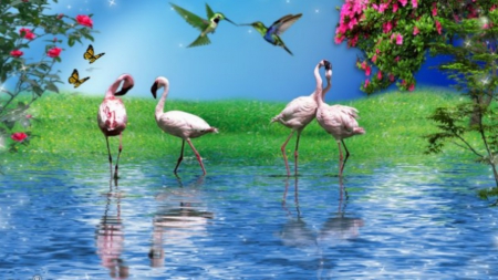 ~*~ Summer Love ~*~ - lake, romantic, summer, flowers, animals in love, couples