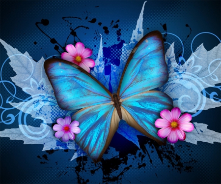 Beautiful Blues - flowers, black, colorful, blue, bright, butterfly, pink