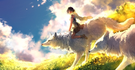 Coexistence - pretty, magic, female, scenery, friendships, fox, scene, light, animal, field, friends, nice, riding, mononoke, beauty, love, cg, san, anime, grass, short hair, mononoke hime, hd, sky, anime girl, realistic, princess mononoke, beautiful, girl, lovely, brown hair, sweet, glow, fantasy, cloud, ride