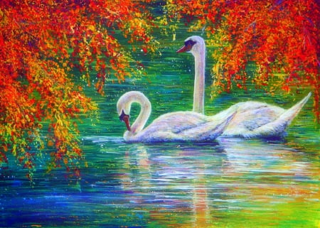 - Loyalty to YOu - - pretty, reflections, beutiful, attractions in dreams, creative pre-made, paintgings, swans, most downloaed, beloved valentines, seasons, traditional art, draw and paint, trees, together, scenic, colors, lovely, love, fall season, nature, autumn, bright, adorable, love four seasons, animals