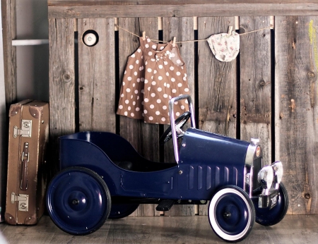 Go on vacation... - blue car, beige, summer, vacation, dress, polka dots, suitcase