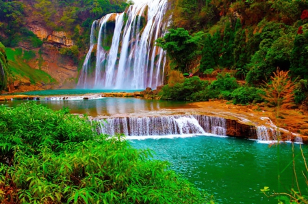 Rocks waterfall - forest, fall, rocks, beautiful, grass, lovely, nature, cascades, green