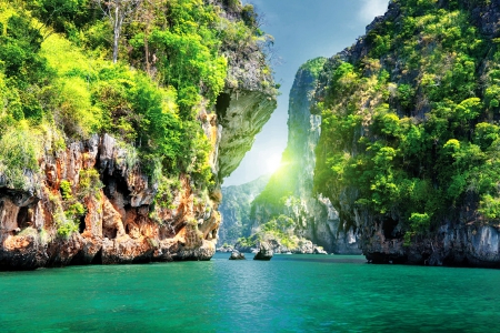 The nature of Thailand - trees, water, shine, rocks, reflection, river, emerald, asia, rays, lake, mountain, shore, exotic, nature, glow, beautiful, thailand, blue