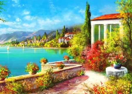 Coastal village - pretty, summer, town, coast, beautiful, sea, lovely, village, flowers, view, painting, lake, houses, peaceful, art, sky