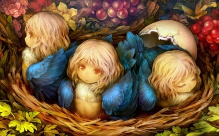 Dragon's crown - girl, wings, fantasy, fruit, art, nest, baby, dragon s crown, blue, grapes, cute