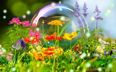 Fowers and a bubble - red, flower, bubble, yellow, nature, green