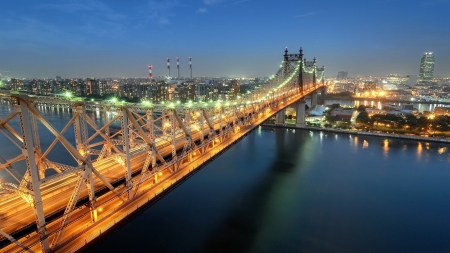 beautiful 59th street bridge in nyc hdr - river, lights, hdr, island, dusk, city, bridge