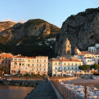 wonderful view of amalfi italy from stone wharf