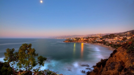 wonderful california seacoast under a moon - moon, towns, coast, sea, dusk