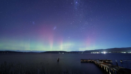 amazing starry night sky - sky, stars, lake, lighs, dock, night