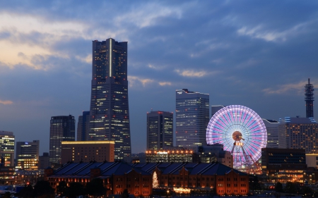 Yokohama - japan, scenery, lights, city, ferris wheel, japanese