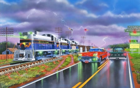 The Right Way - wide screen, engine, tracks, road, painting, train, art, locomotive, car, railroad, artwork, clouds