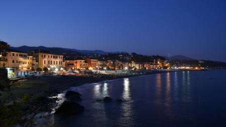 evening on a seaside italian town - town, evening, shore, sea, lights