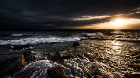 sunlight on a wonderful seashore - sunlight, clouds, shore, sunset, sea, rocks, waves