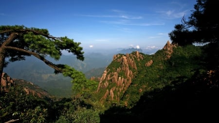 spectacular mountainscape - sky, range, trees, jungle, mountains, cliffs