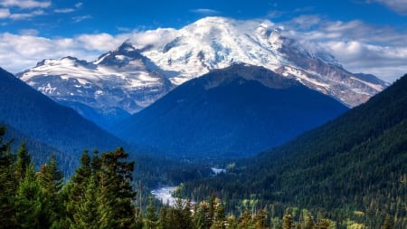 mighty mountain river valley - mountains, forests, clouds, river, valley, snow