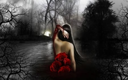 ♡இڿ-ڿڰۣ---♡ - moon, water, girl, red roses, darkness, long hair, moonlight, misty, woman, lake, brunette, fantasy lady