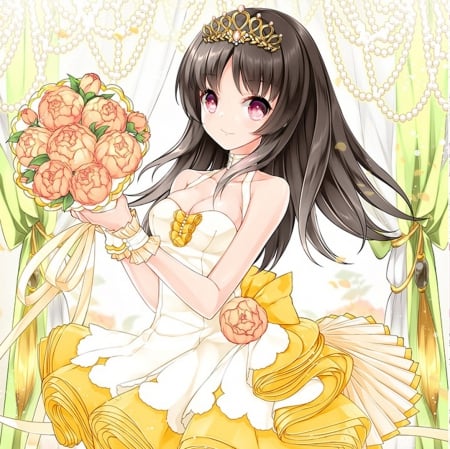 Yellow Bouquet - spendid, gown, flower, beautiful, blossom, anime girl, adorable, girl, tiara, bluquet, soft, kawaii, beauty, sweet, anime, bride, dress, royalty, long hair, petals, crown, female, princess