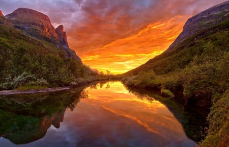 Magnificent Sunset - hills, cliff, burning sky, orest, yellow, reflection, river, beautiful, clouds, orange