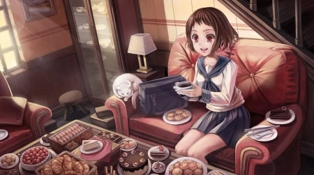 Yummy Foods - hungry, happy, cookies, delicious, anime girl, adorable, candy, cup, yummy, girl, coffee, snacks, food, cake, sweet, anime, hd, home, scene, female, house, bread