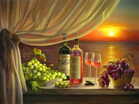 Evening mood - mood, grape, romantic, beautiful, evening, sea, lovely, reflection, wine, champagne, sunset, painting, art