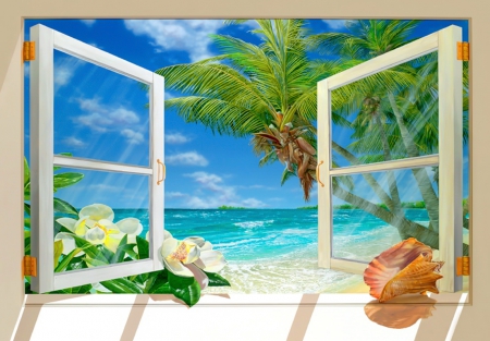 Symphony of the sea - summer, window, beach, flowers, symphony, shore, view, exotic, paradise, art, sky, palms, beautiful, vacation, sea, sunshine, lovely, rest, tropics, shells, rays, painting, waves