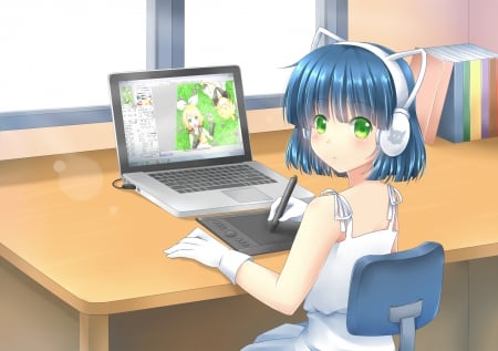 LapTop - pretty, anime, female, scenery, book, scene, green eyes, laptop, desktop, short hair, blue hair, hd, nice, anime girl, beautiful, girl, table, beauty, lovely, sweet, pc, chair, hedphones, desk, digital, computer, cute, adorable