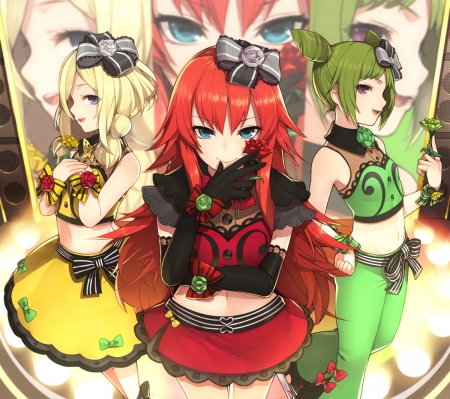 ThreeSome - anime, elegant, female, d, maiden, team, dress, blonde, blond hair, green hair, long hair, sublime, group, triple, red hair, gorgeous, blond, hd, gown, anime girl, beautiful, girl, blonde hair, beauty, cg, redhead, lady, awesome, sexy