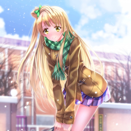 Blonde - pretty, anime, female, scene, snow, blonde, blond hair, long hair, blond, hd, coat, nice, anime girl, winter, beautiful, girl, blonde hair, beauty, lovely, sweet, cg, scarf, jacket