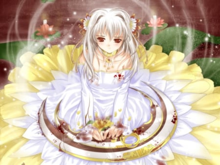 Flower Tears - nice, beauty, sitting, female, magic, anime girl, elegant, fantasy, white, gorgeous, pretty, yellow, anime, amour, silver hair, maiden, sit, lady, adorable, girl, long hair, gown, lovely, kawaii, beautiful, sweet, dress, white hair, adore