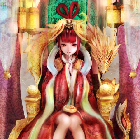 Dragon Empress - pretty, magic, female, maiden, sublime, red hair, dragon, princess, nice, spendid, gown, royalty, chinese, beauty, wonderful, throne, lady, golf, empress, anime, elegant, divine, dress, long hair, oriental, gorgeous, anime girl, queen, beautiful, girl, lovely, sweet, fantasy, redhead, awesome, fantasy girl