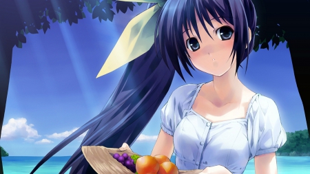 Fruit - beautiful, anime girl, girl, ribbon, fruit, food, blue hair, ray, pretty, beauty, sweet, anime, hd, dress, cg, long hair, nice, lovely, scene, female