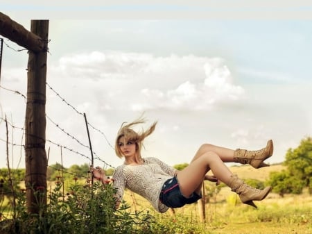 Rodeo Girl In A Tornado - women, fun, female, fences, boots, fashion, tornado, girls, cowgirls, style, outdoors, blondes, westerns