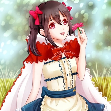 Riding Hood - pretty, anime, kawaii, female, blossom, long hair, happy, ribbon, hd, nice, spendid, anime girl, hood, girl, cape, lovely, brown hair, sweet, flower, red eyes, bloom, smile, awesome, cute, adorable, floral