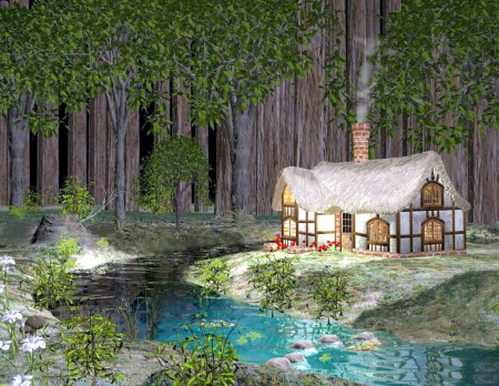 Forest Cottage - path, water, creek, artwork, trees