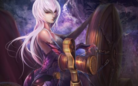 Fantasy girl - game, girl, pink, aberdeen, fantasy, crow, purple, woman, shield