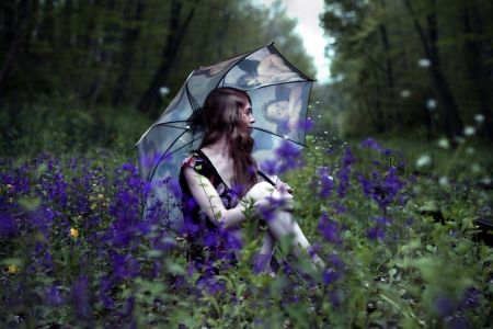 girl in flower mood - purple, field, girl, umbrella