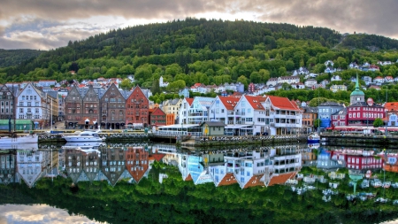 waterfront of a lovely hillside town hdr - forest, hill, town, reflection, waterfont, boats, hdr