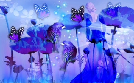 Blue Fantasy - lady, stars, viola tricolor, design, fantasy, art, blue, flowers, poppies, lights, birds, butterflies