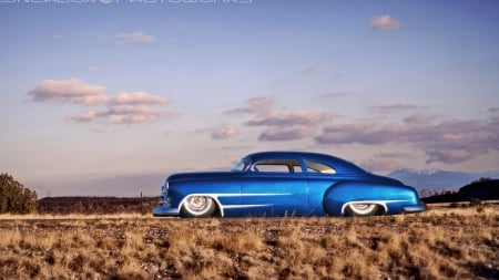 sparkling blue hot rod chevy in the desert - sky, sparkle, car, hot rod, desrt, blue