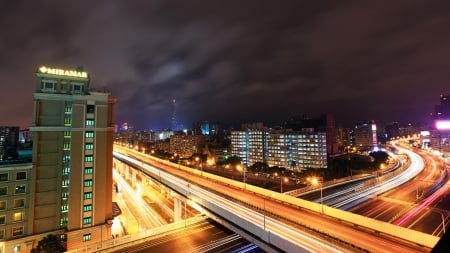 city highways at night in long exposure - long exposure, lights, city, night, highways