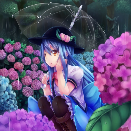 Flower Shower - pretty, anime, kawaii, female, blossom, long hair, umbrella, touhou, blue hair, garden, rain, sit, nice, sitting, raining, anime girl, beautiful, girl, beauty, lovely, hinanawi tenshi, wer, sweet, flower, bloom, rainy, adorable