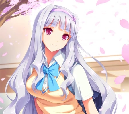 Cute girl - pretty, girl, school, petals, anime, uniform, cute