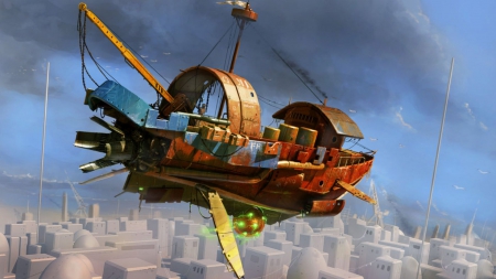 Flying boat - city, sky, Flying, boat