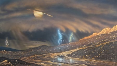 It's Raining on Titan. Artist's vision - lighting, moon, titan, clouds