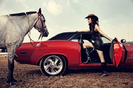 Two Hot Rides - girls, famous, women, fun, models, westerns, female, cars, fashion, cowgirls, hats, horses, brunettes