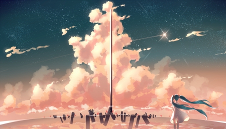 If you can DREAM it, YOU can do it! - magic, music, sunset, anime girl, cool, game, dark, life, hatsune miku, building, landscape, light, song, long hair, dream, end, vocaloid, beautiful, sweet, dress, beauty, nice, sky, female, water, iku, singer, fantasy, pretty, glowing, clouds, anime, miku, cute, stars, twintails, day, night, white dress, blue hair, hatsune, city, awesome, lights