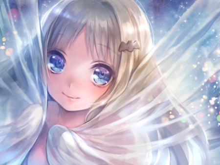 Curtain - pretty, anime, kawaii, magic, female, light, shining, hd, nice, blue eyes, anime girl, beautiful, girl, beauty, lovely, sweet, long hiar, glow, fantasy, awesome, cute, adorable