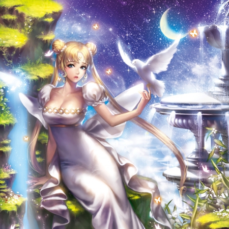 Serenity - princess serenity, beauty, realistic, girl, female, magical, long hair, blond, anime girl, bird, serenity, sailor moon, beautiful, scenery, anime, sailormoon